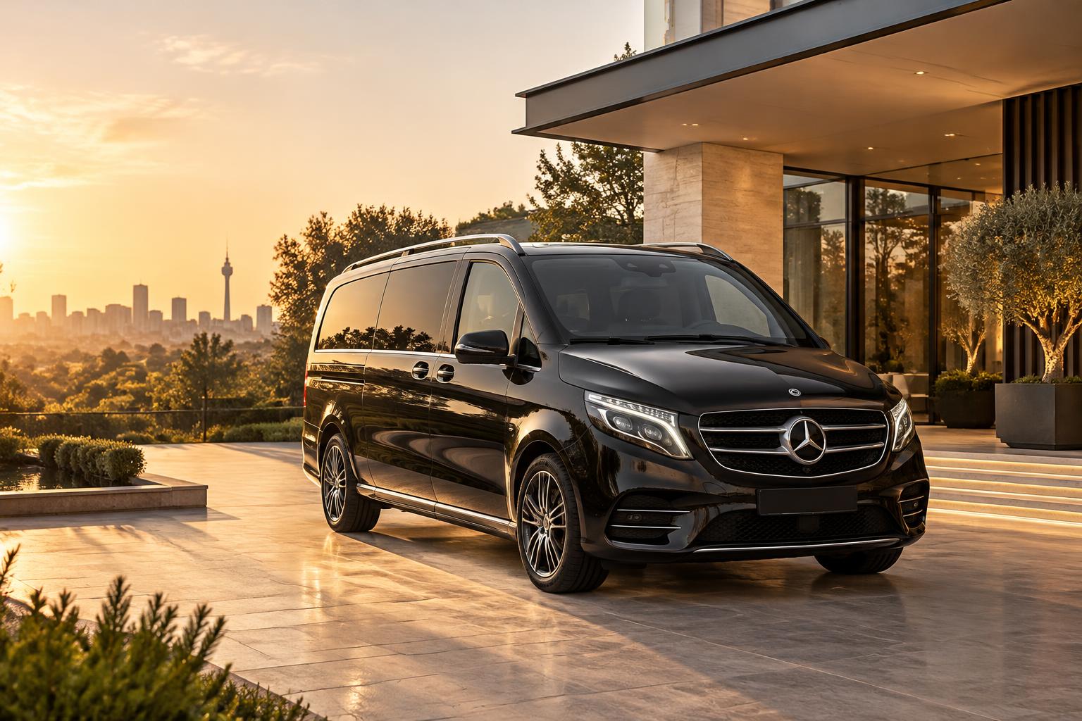 Black luxury executive van at a contemporary residence